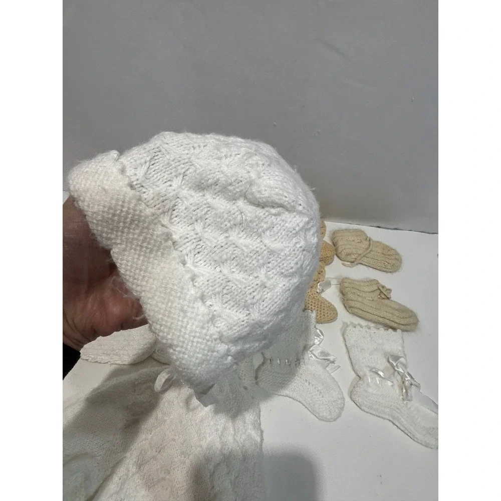 VTG Handmade Knit Baby Set NB White Vintage Style Cardigan Bonnet Booties Bib